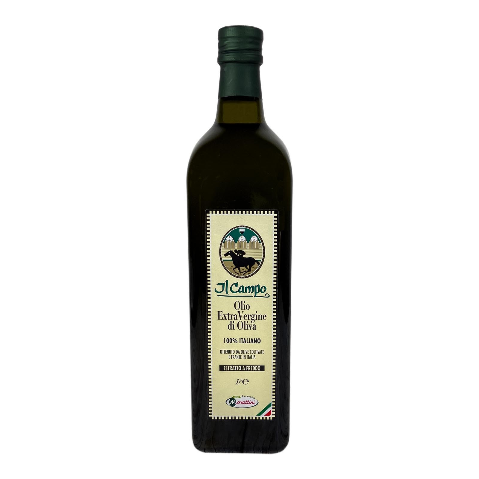 Il Campo 100% italiano, olio extra vergine di oliva, prodotto con il metodo della lavorazione a freddo di olive raccolte e frante in Italia - Anno di produzione 2022/2023.