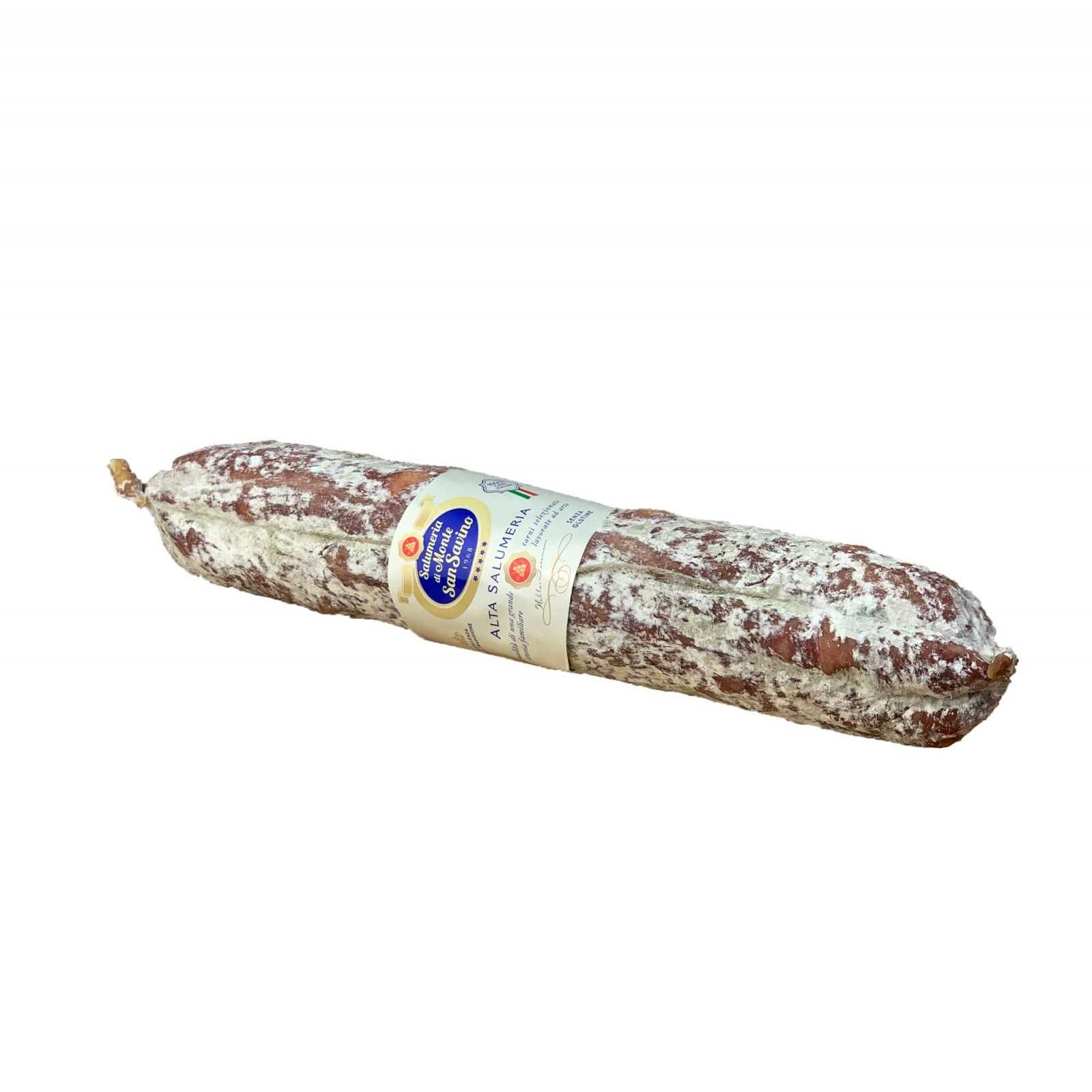 Toskanische Salami, ein Klassiker der Tradition. Diese Version von Toskanische Salami hat ein Nettogewicht von ca. 500 g und ist Im Ganzen Stück In Naturdarm verpackt.