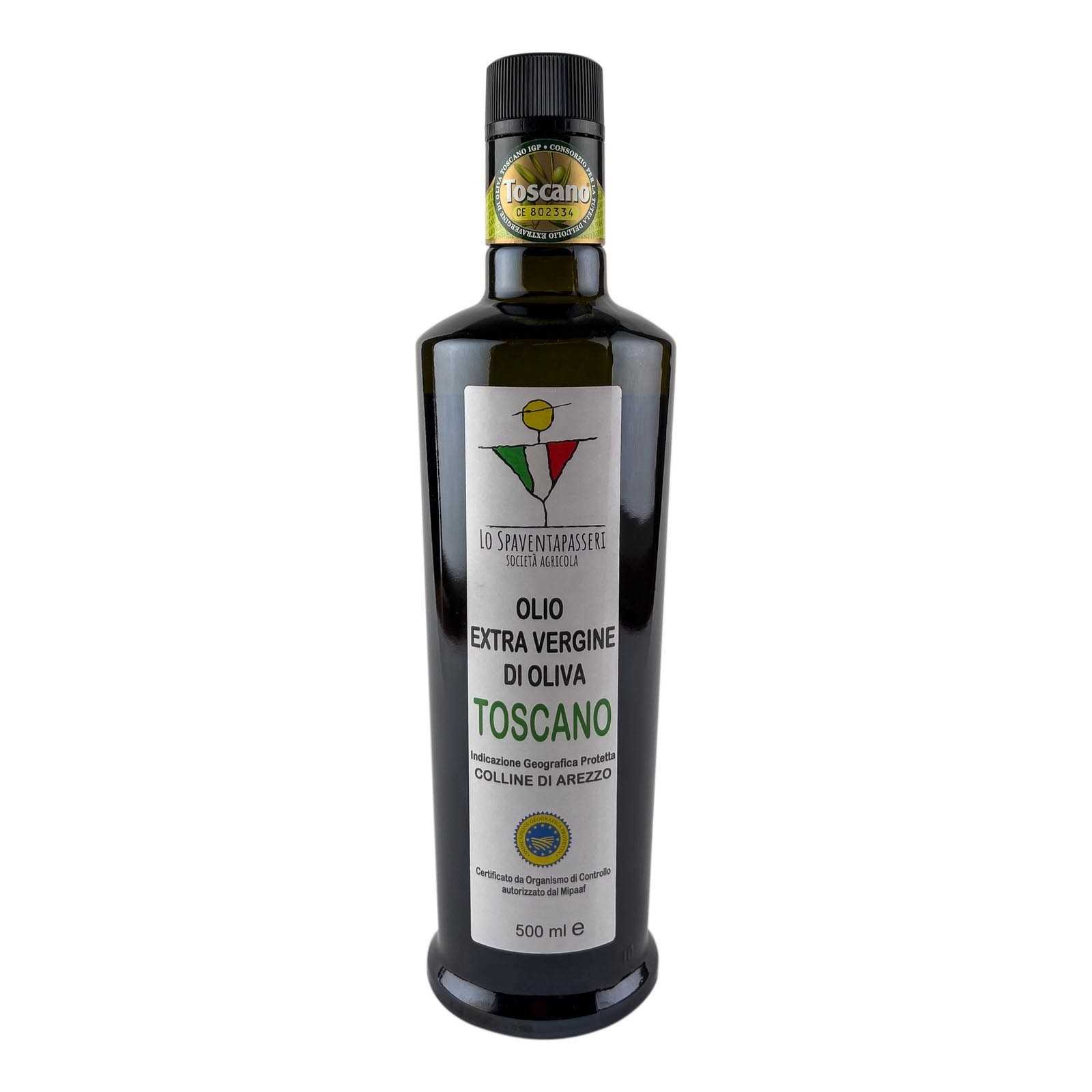 „Lo Spaventapasseri”, toskanisches Olivenöl extra vergine, handgefertigt, mit Kaltextraktionsverfahren, aus Oliven von Hügeln in der Nähe von Arezzo - Produktionsjahr 2020/2021.
