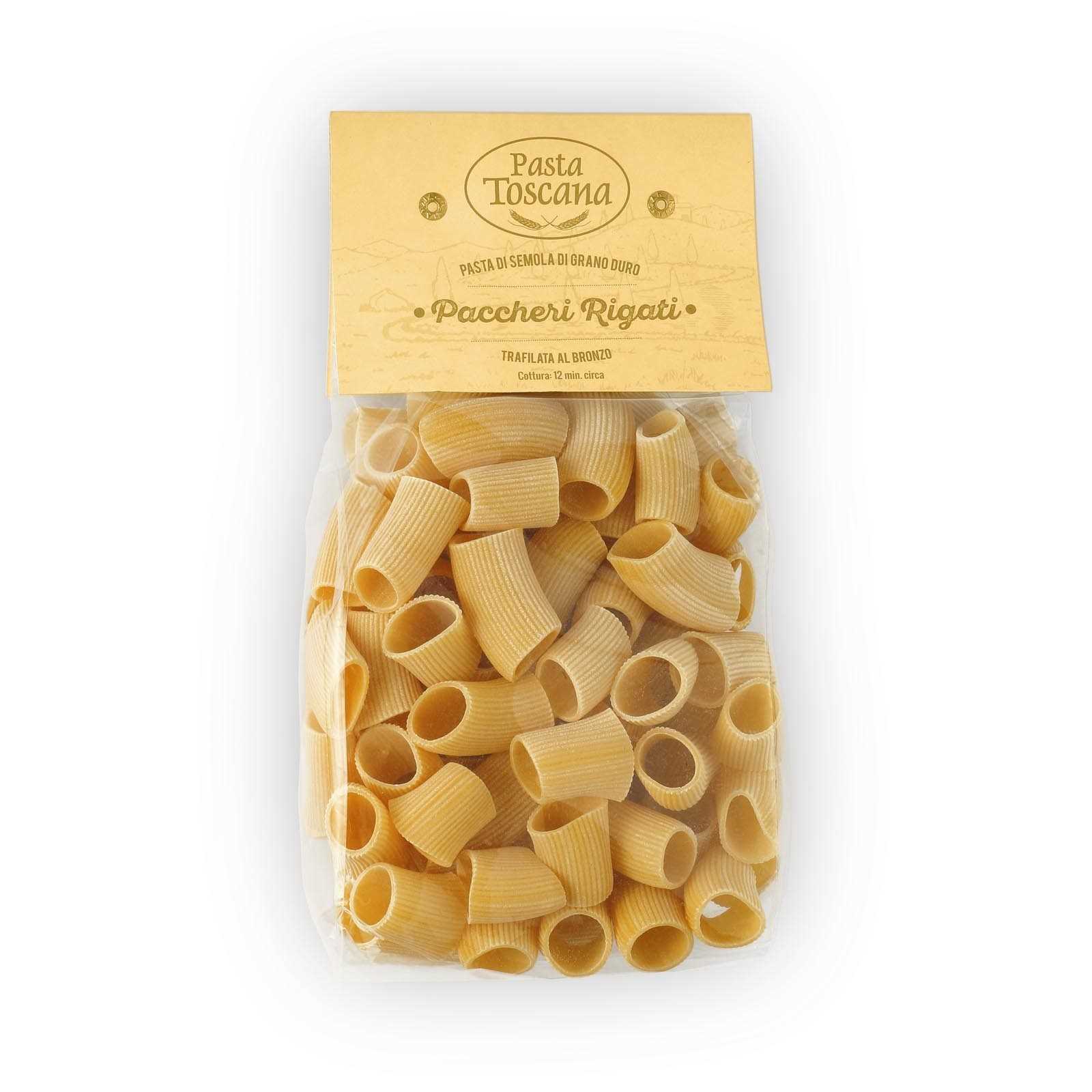 “Paccheri Rigati”, artisanal pasta, made with durum wheat semolina, slowly drying bronze drawn.
