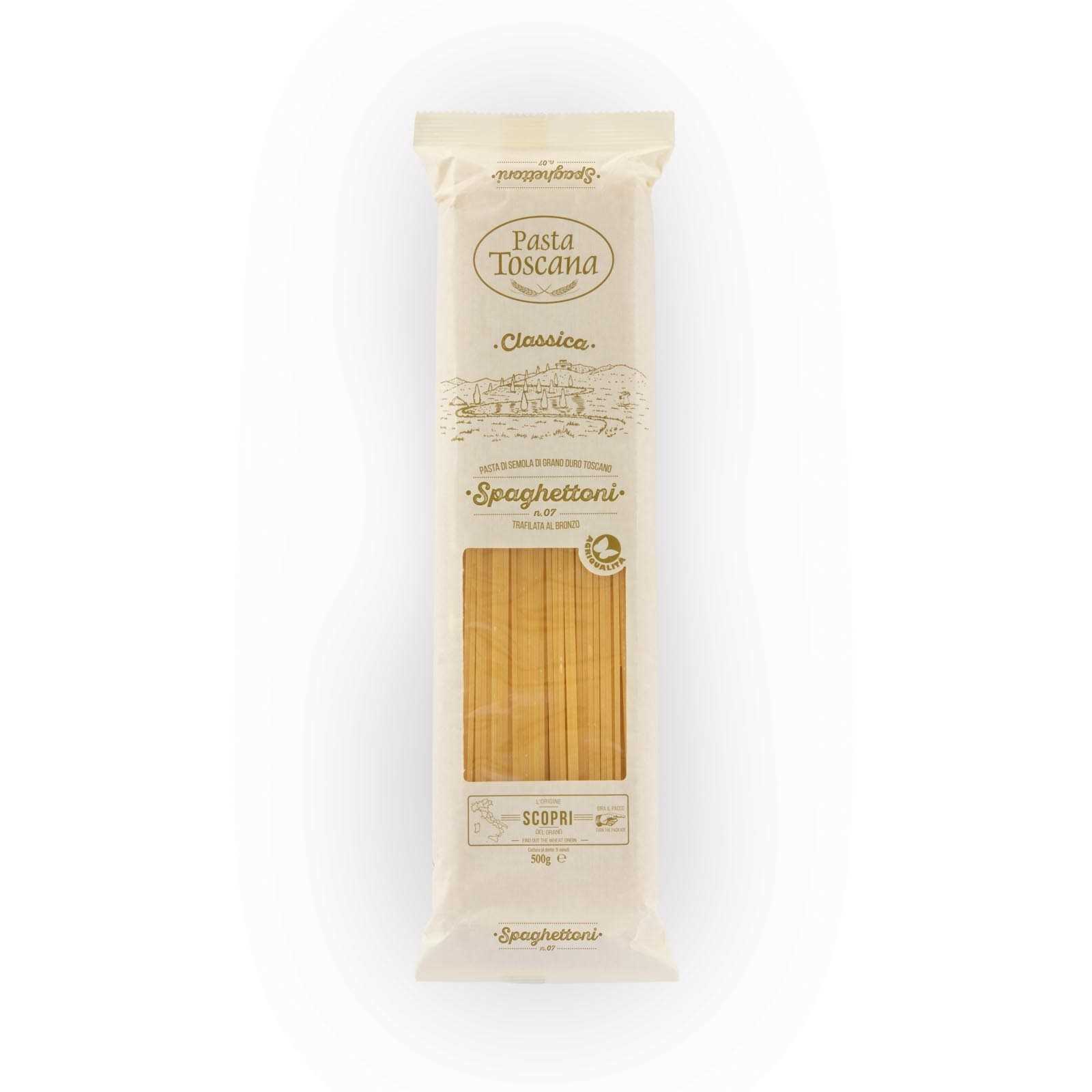 Spaghetti classici spessi di grano duro toscano, trafilati al bronzo ad essiccazione lenta.