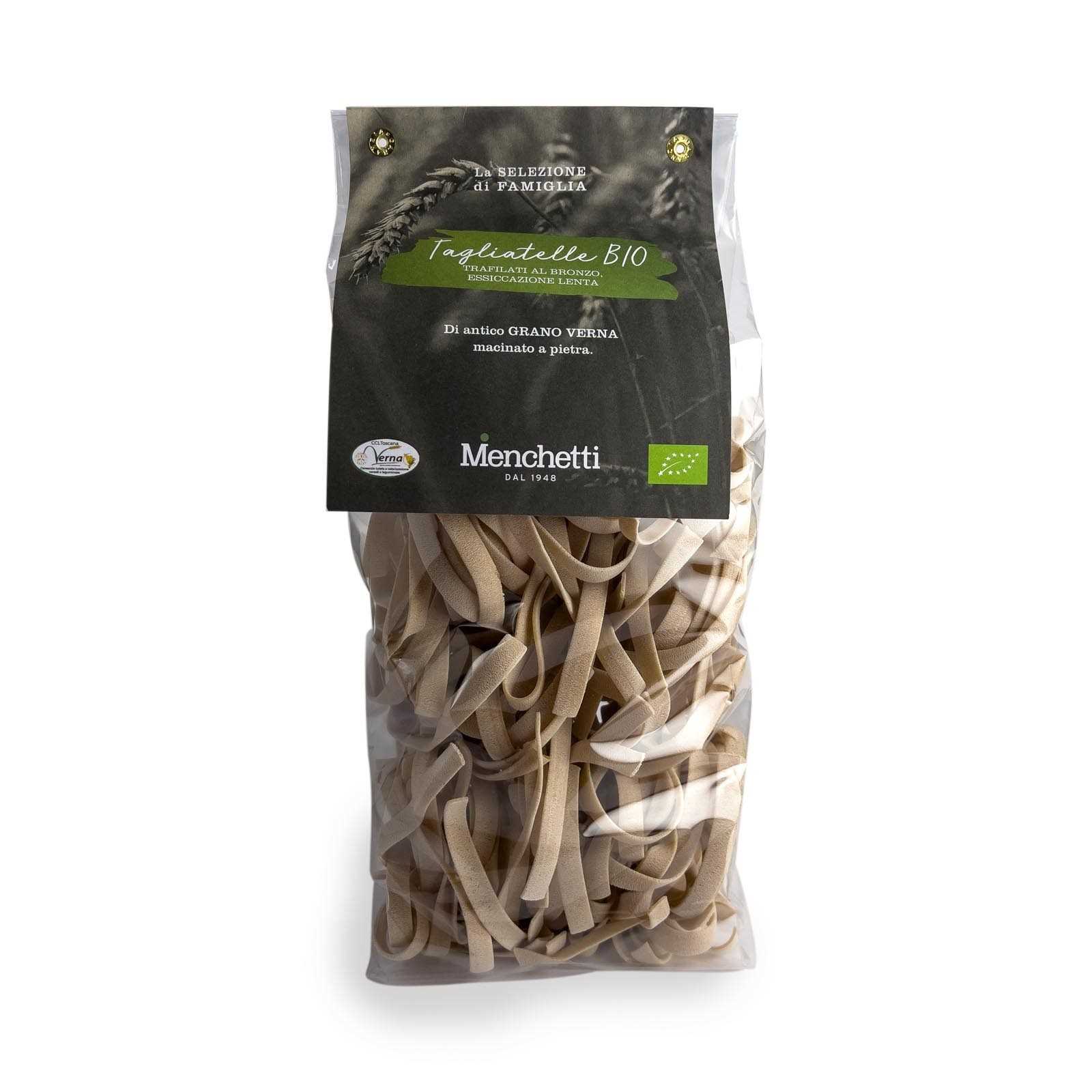 Organic bronze drawn “Tagliatelle”, slow drying. Organic stone-ground Verna soft wheat pasta with high fiber content.
