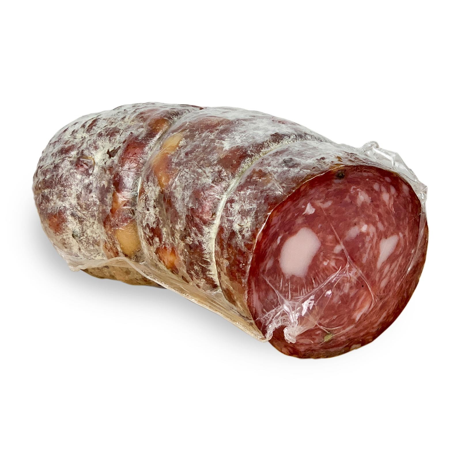 Große Toskanische Salami, ein Klassiker der Tradition. Diese Version von Toskanische Salami hat ein Nettogewicht von ca. 1 kg, ist Vakuumverpackten und zeichnet sich durch eine große Scheibe von etwa 10 Zentimetern Durchmesser aus.