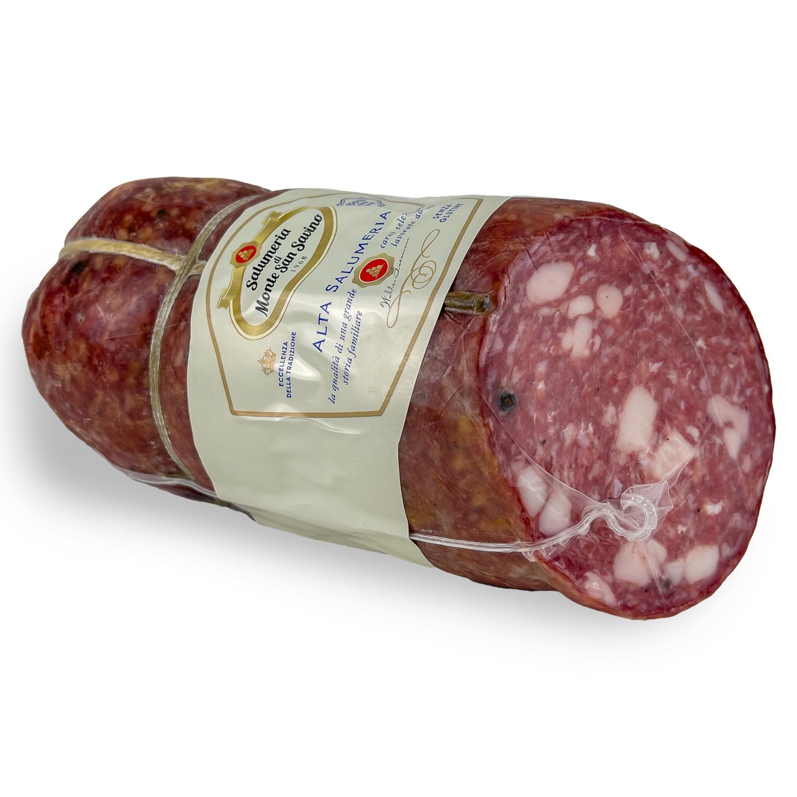 Tuscan Salami is an artisanal sausage typical of the Tuscan gastronomic tradition, made according to an ancient recipe handed down for centuries. It is characterized by a soft and compact consistency, bright red color and a particularly intense taste, enriched with spices and aromas. This version of Tuscan Salami has a net weight of about 1,5 kg, is vacuum packed and is characterized by a large slice of about 12 centimeters in diameter.