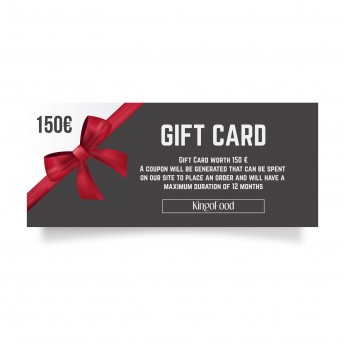 Gift Card worth 150 €
A coupon will be generated which can be spent on the website www.kingofood.com to place an order and will have a maximum duration of 24 months.
For more information you can contact us!