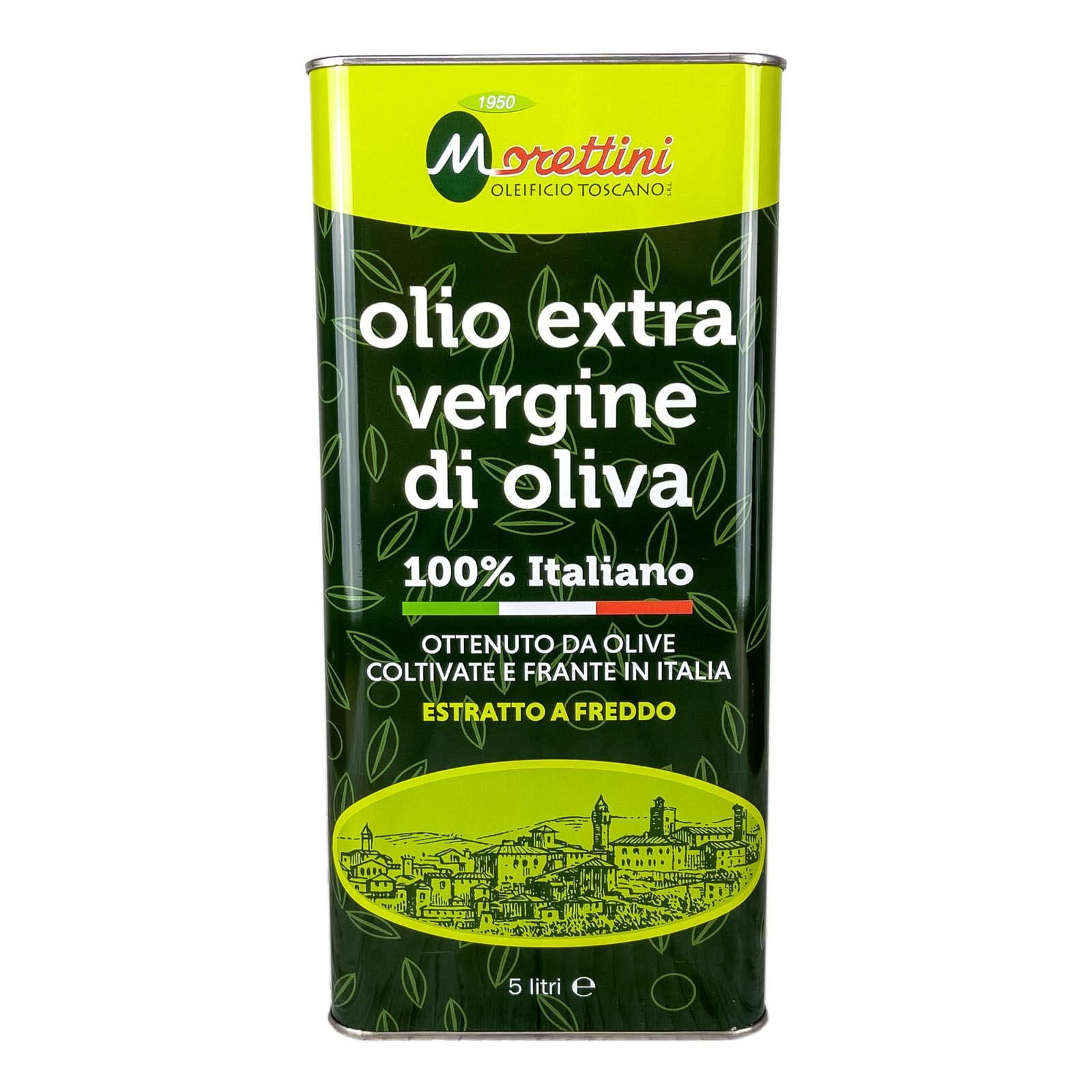 „Morettini 100% Italiano”, extra natives Olivenöl, hergestellt aus einer geschickten Mischung der besten extra nativen Öle Mittelitaliens - Produktionsjahr 2021/2022.