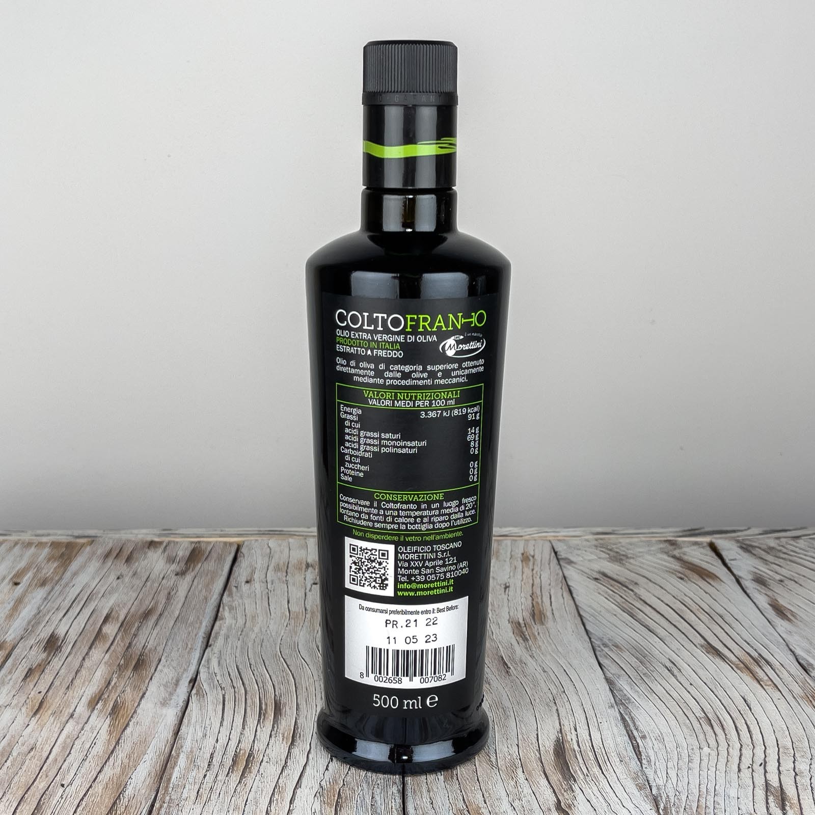 „Grand Cru Coltofranto”, 100% italienisches natives Olivenöl extra von höchster Qualität, gewonnen durch Kaltpressung von geernteten und sofort gepressten grünen Oliven - Produktionsjahr: 2021/2022.